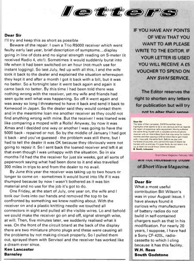 Ken Lancaster lettter in Short Wave Magazine November 1991